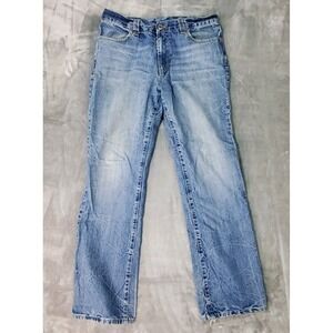 Machine Mens Straight Leg‎ Distressed Embroidered Blue Denim Jeans W32 L32